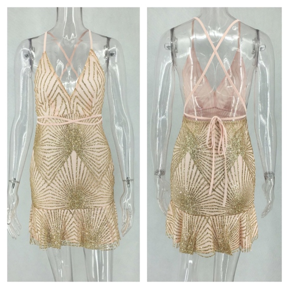 Deep V Backless Pink Mini Dress with Glitter - Picture 5 of 8